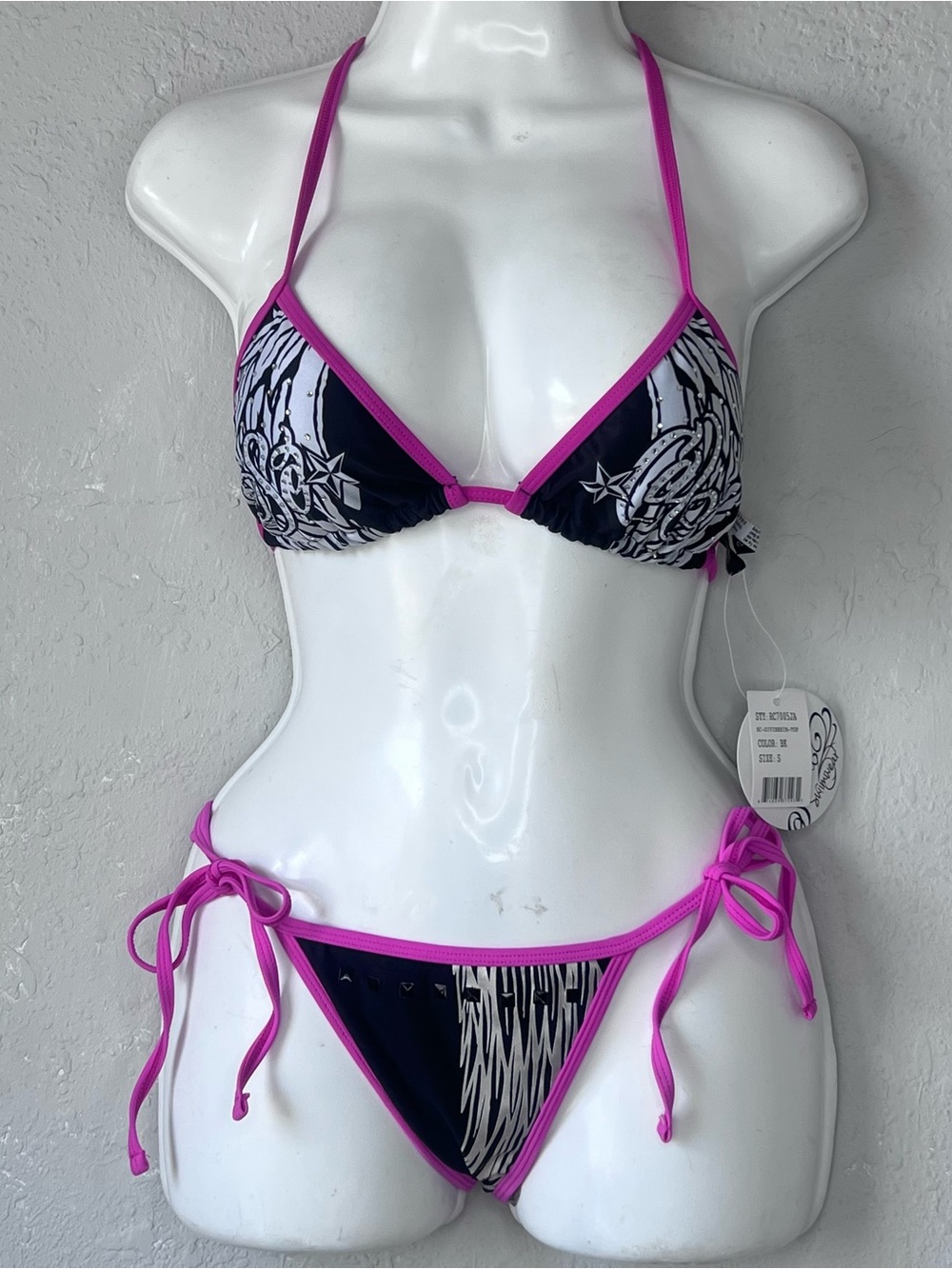 Y2K Rare So Cal Grunge Bikini Rhinestones
Black Pink Top Btm Logo Size:S NWT